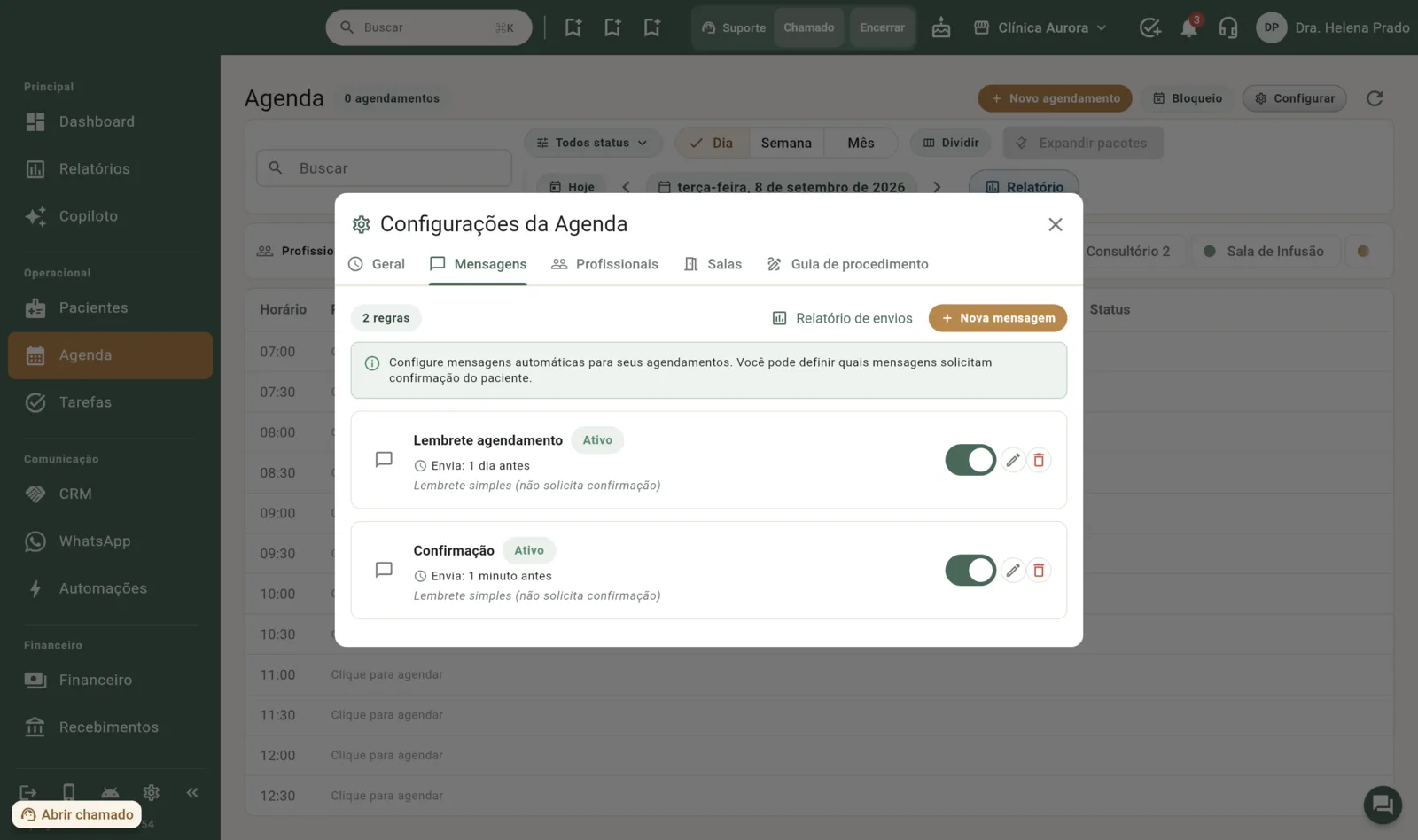 Agenda → Configurar → Mensagens: as regras de lembrete da clínica