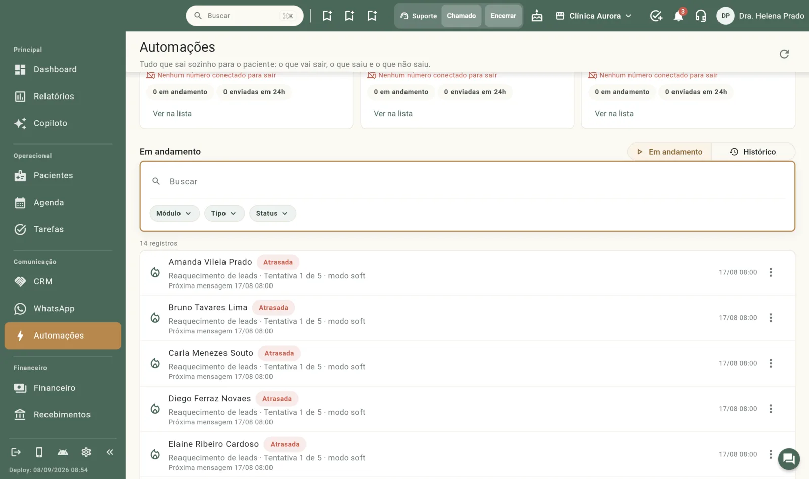 A lista: Em andamento ou Histórico, busca por nome, filtros e o menu de cada linha