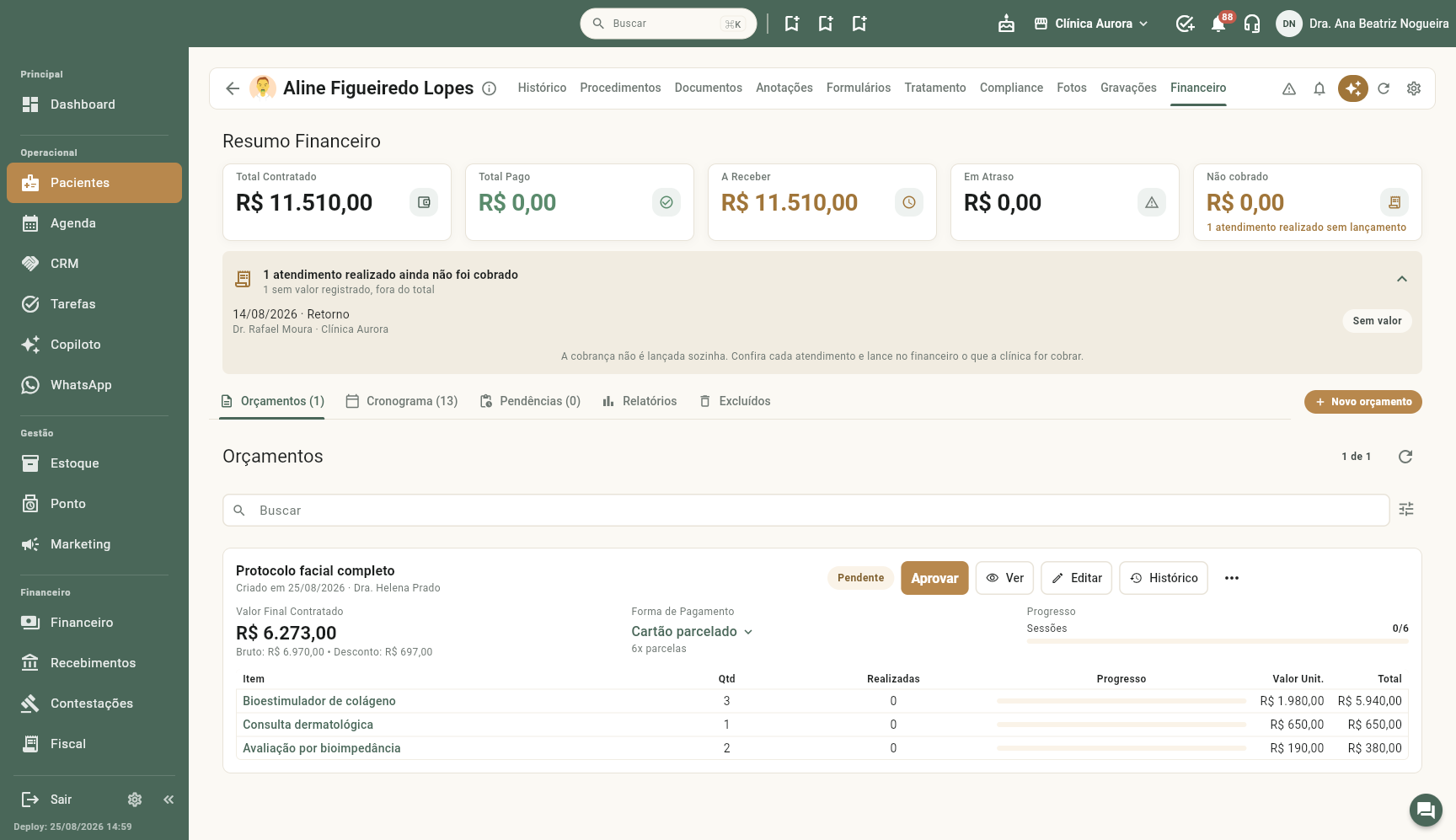 Orçamento na aba Financeiro do paciente