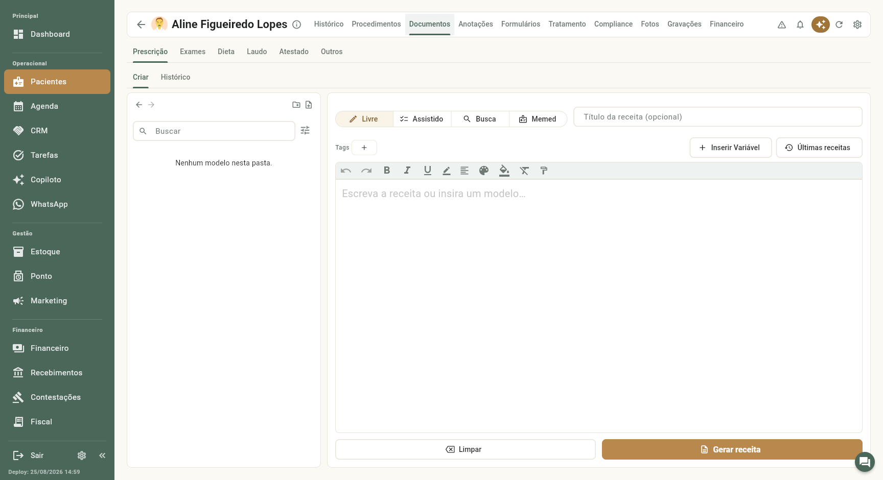 Editor de receitas com os quatro formatos